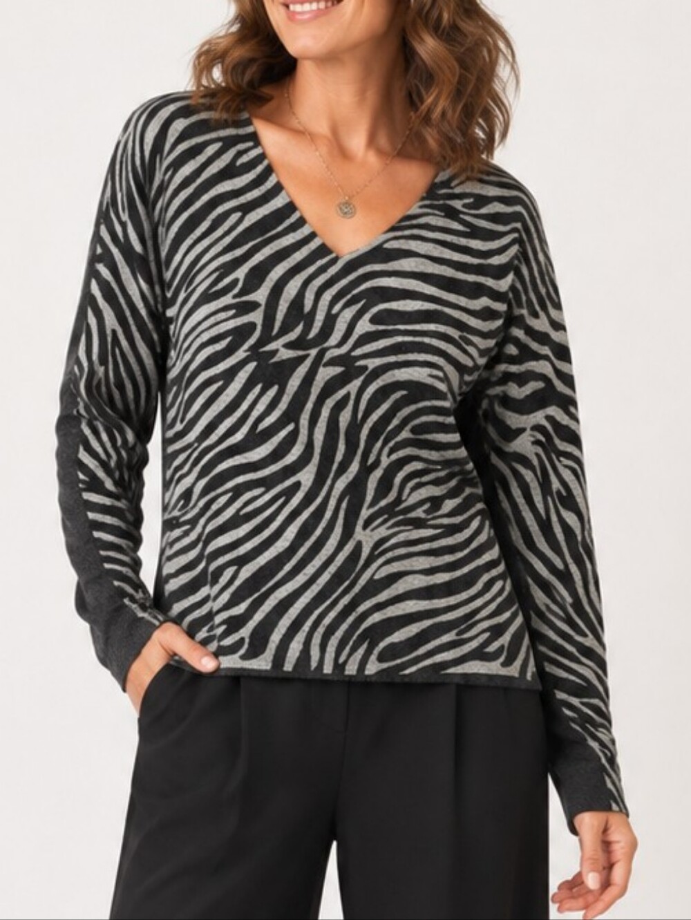 Bailey 44 Zebra Print Sweater V-neck Hi Low Hem Charcoal Womens Size Large